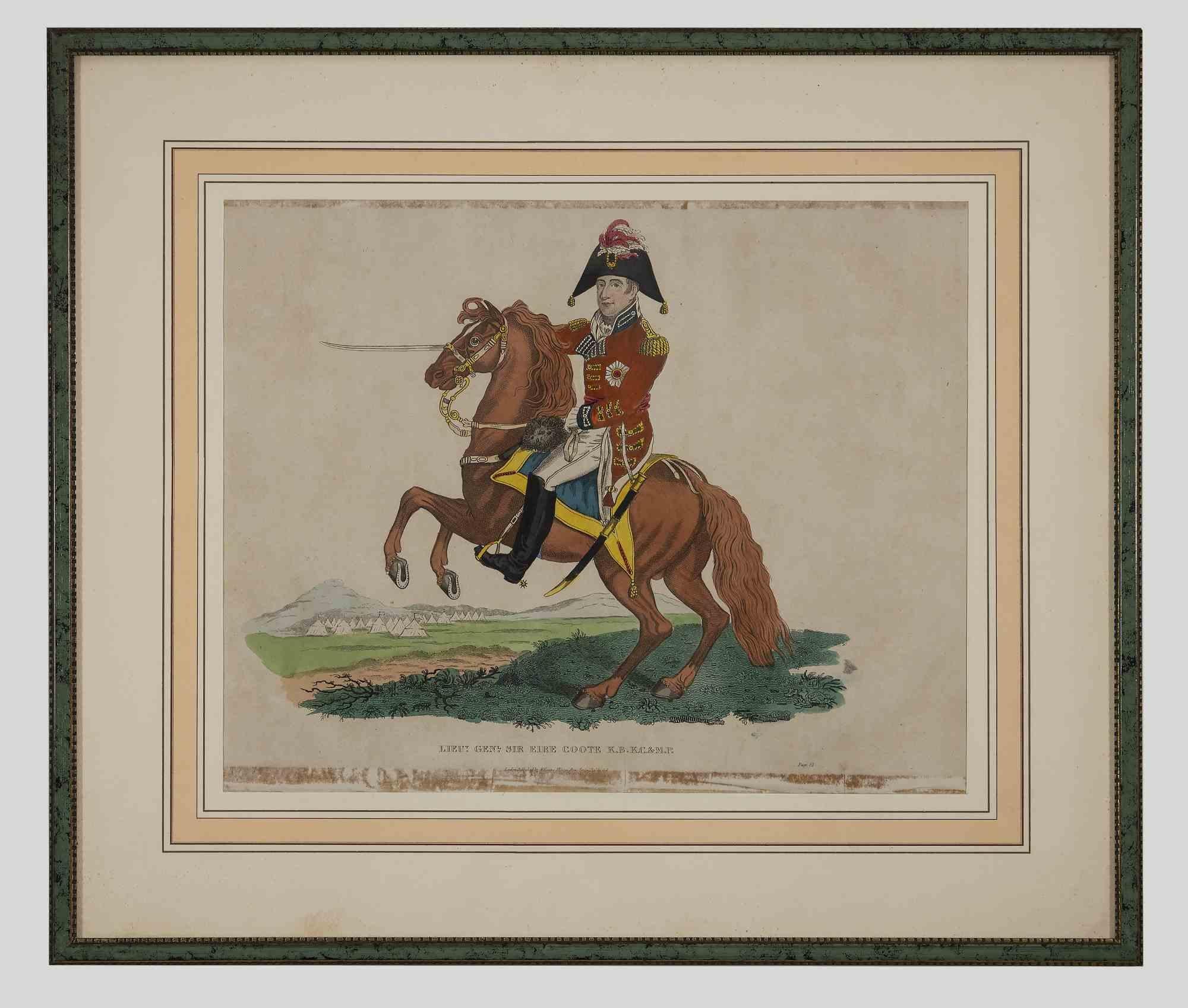 Lithographie originale à l'aquarelle du général Sir Eire Coote - 1816