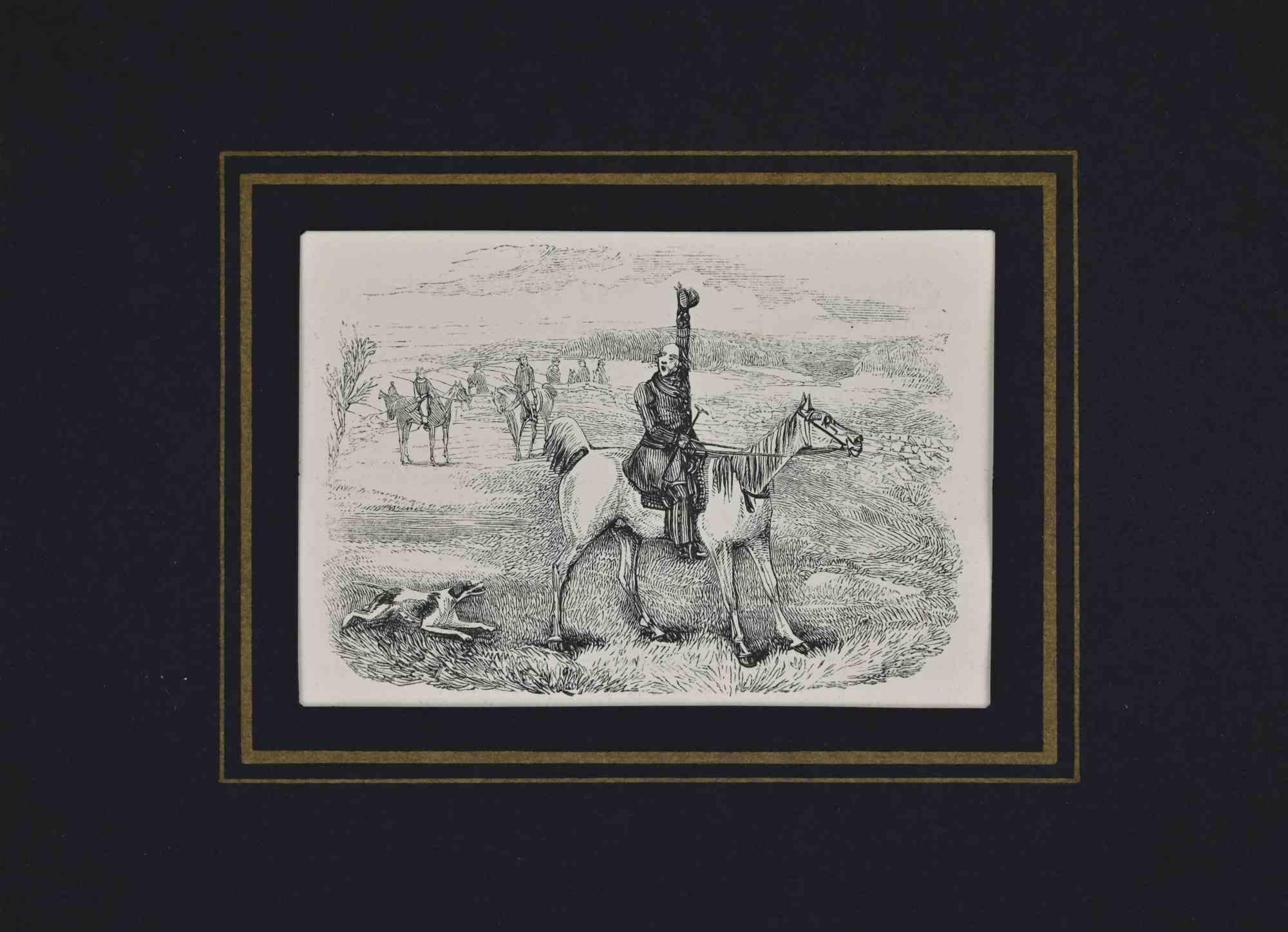 Figurative Print di Unknown - Gentiluomo a cavallo - Litografia - XIX secolo
