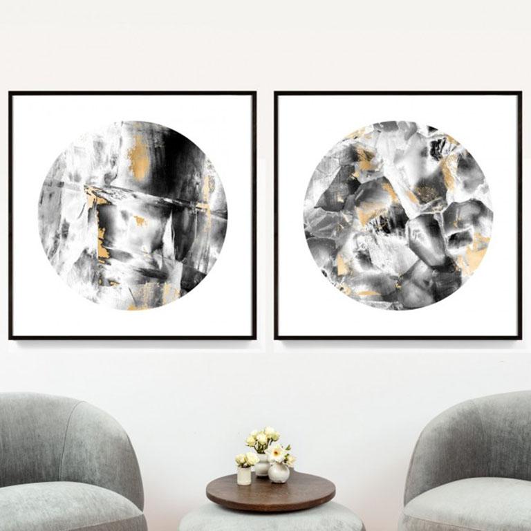 Geo Circles 1, black and white, gold leaf, framed - Print by Unknown