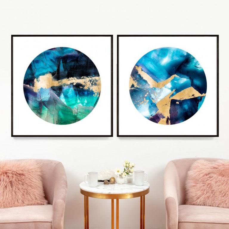 Geo Circles 1, blue and black, gold leaf, framed - Print by Unknown