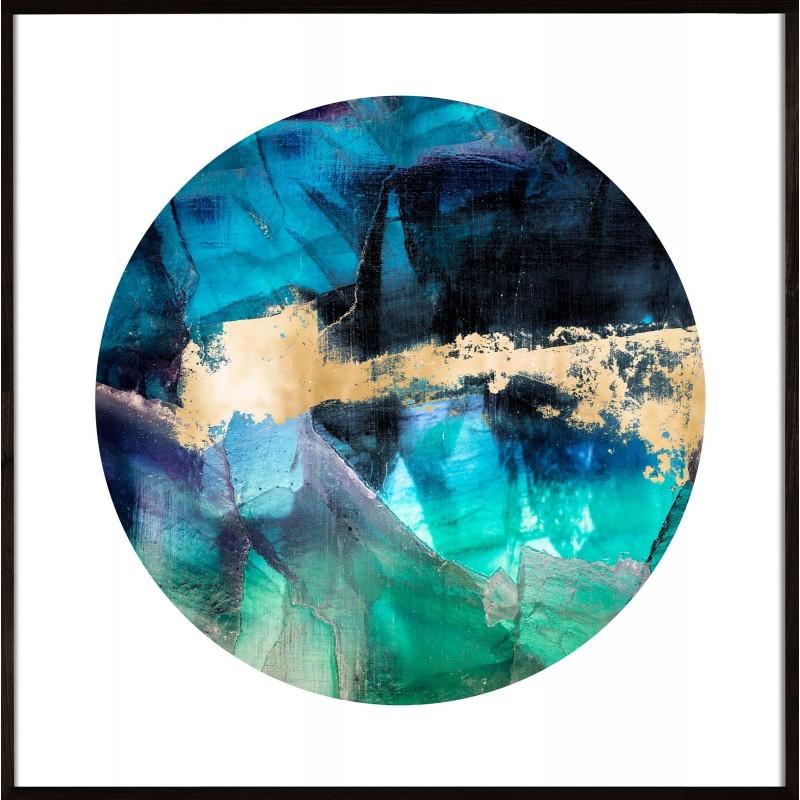 Unknown Abstract Print - Geo Circles 2, blue and black, gold leaf, framed