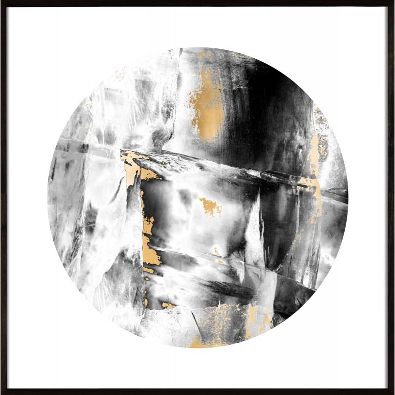 Unknown Abstract Print - Geo Circles 3, black and white, gold leaf, framed