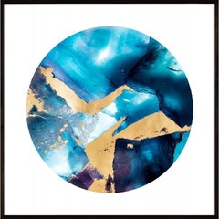 Geo Circles 3, blue and black, gold leaf, framed