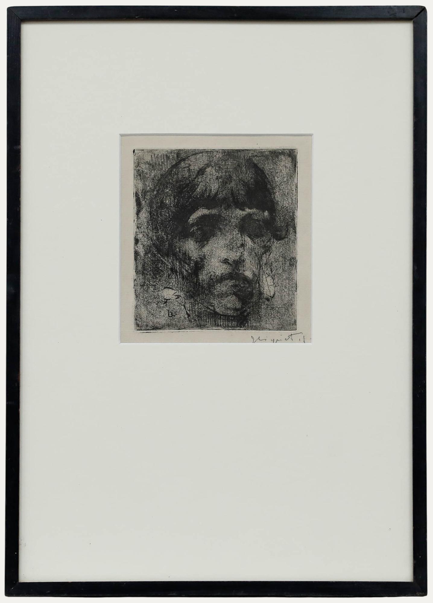 Unknown Portrait Print - Georges Higuet (1892-1958) - Early 20th Century Mezzotint, Melancholy Girl