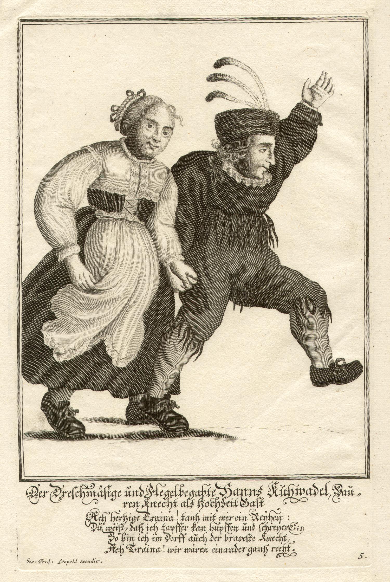 German folk dancing, set of six engravings, circa 1720 - Romantic Print by Unknown