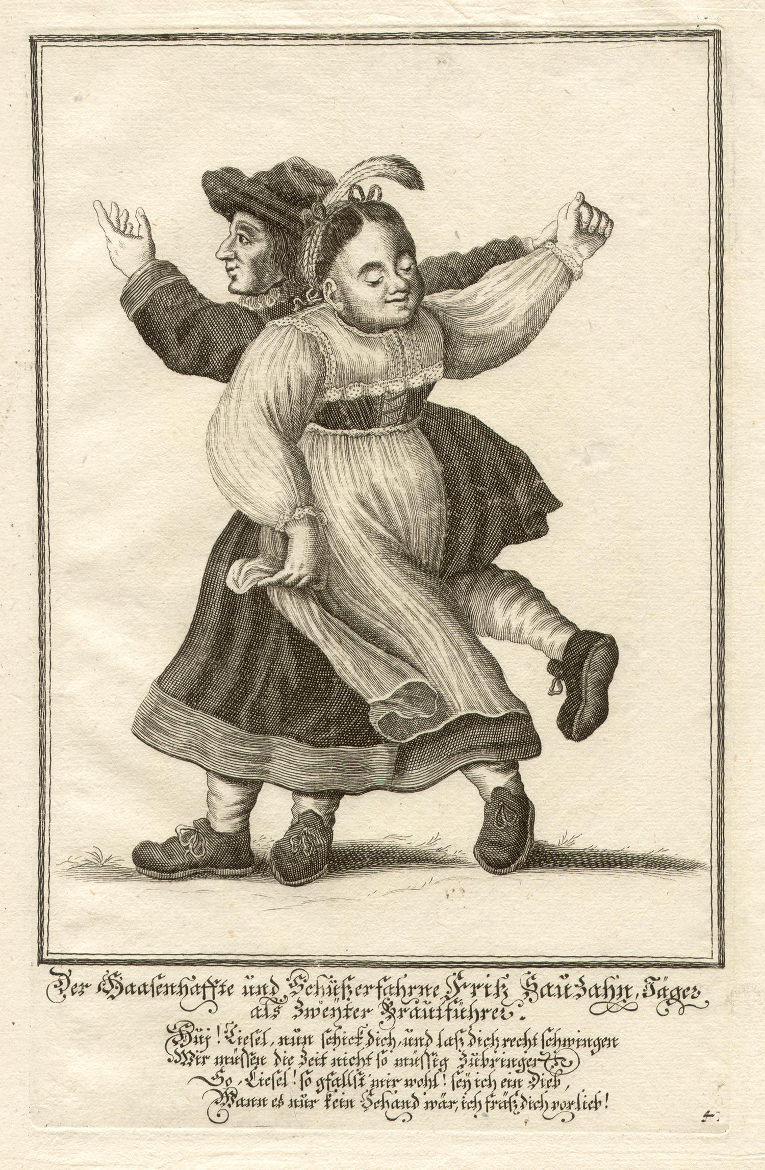 German folk dancing, set of six engravings, circa 1720 - Beige Figurative Print by Unknown