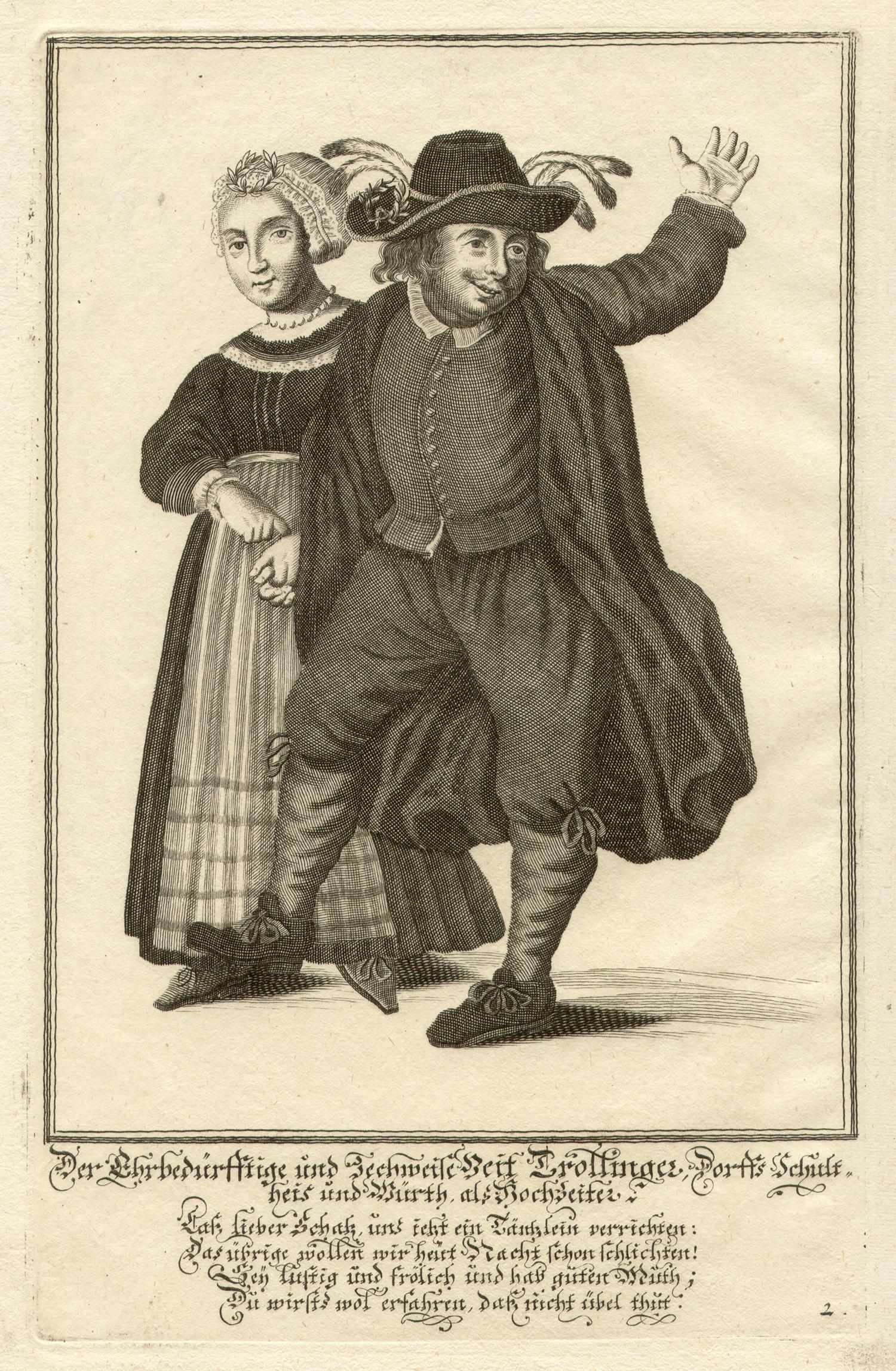 A series of six German engravings of couples dancing. Published by Josef Friderick Leopold in Bavaria. 

260mm by 165mm (platemark)