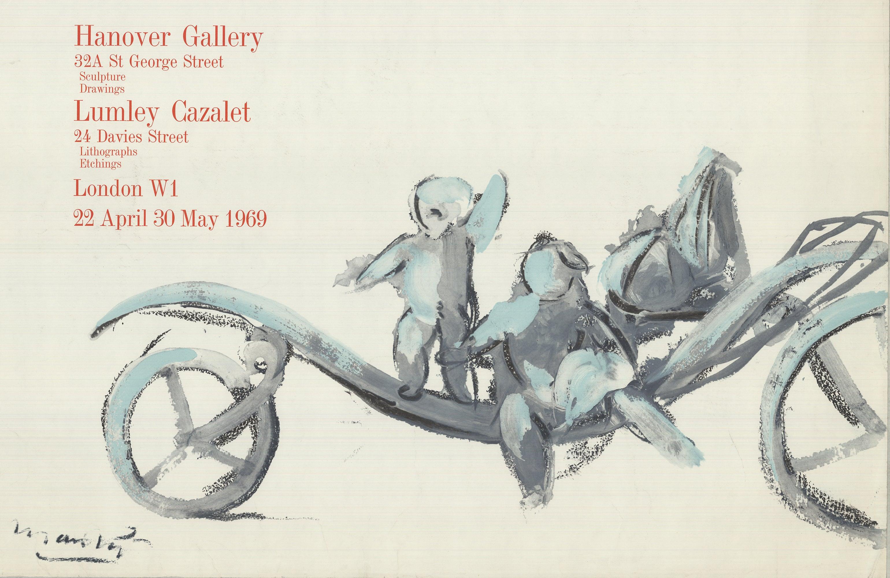 This is an original poster lithograph by Giacomo Manzù, created for an exhibition of his work at the Hanover Gallery in Germany in 1969. The lithograph showcases Manzù's distinctive style, capturing the essence of his sculptural and artistic