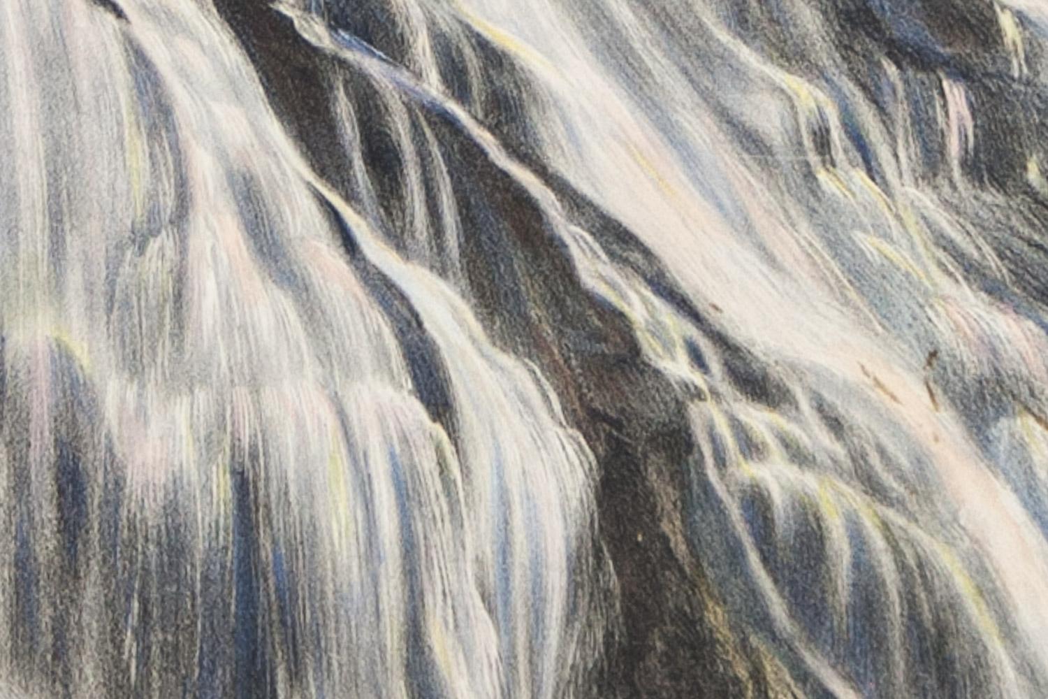 Gibbon Falls, Yellow-Stone National Park ist eine Chromolithografie aus der Zeit um 1880, die zwei Fischer am Fuße der Gibbon Falls zeigt.  Diese Chromolithografie zeigt einen dramatischen Blick auf den mächtigen Gibbon-Wasserfall, der über 84 Fuß