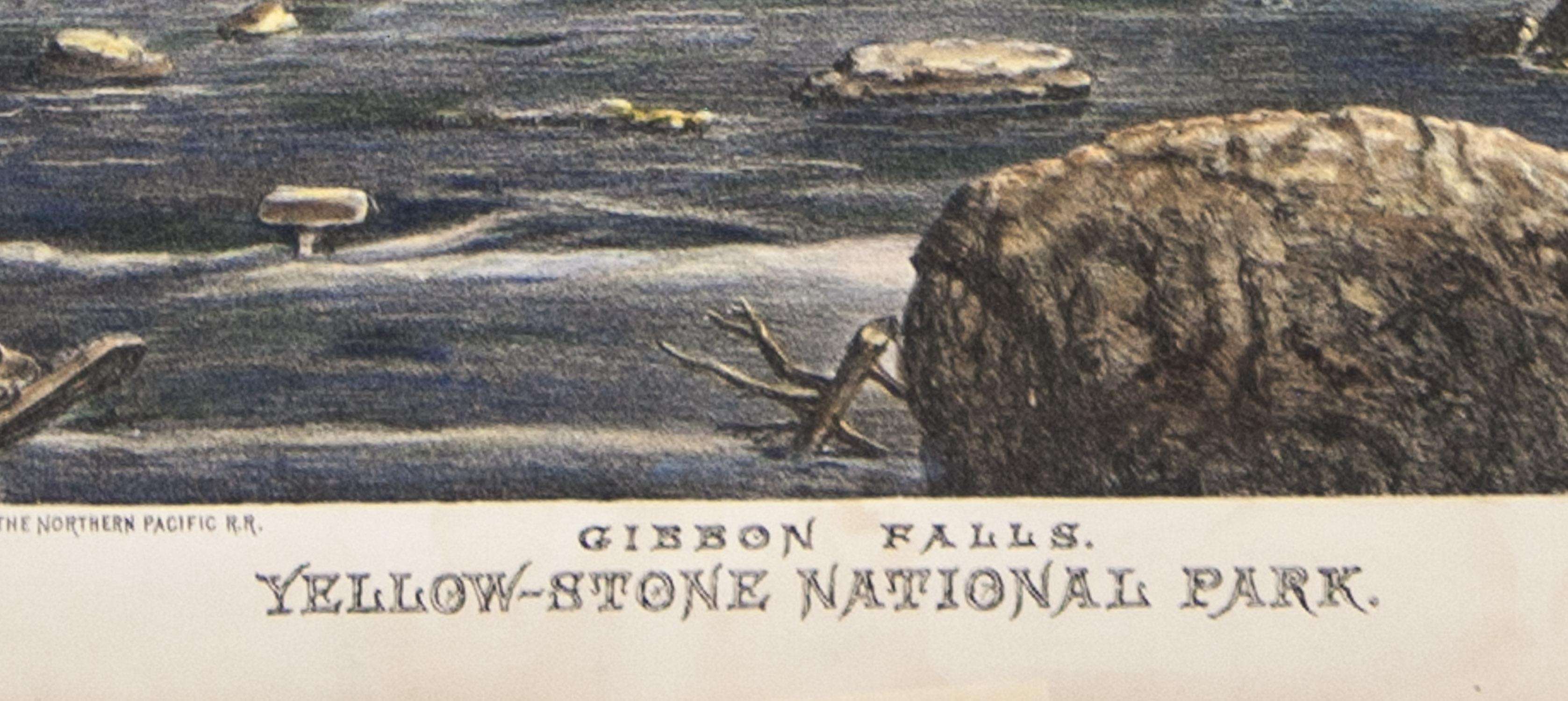 Gibbon Falls, Yellow-Stone National Park  is a chromolithograph from c.1880 showing two fisherman at the base of Gibbon Falls.  This chromolithograph is a dramatic view of the powerful Gibbon waterfall that cascades 84 feet into a small, clear pool.