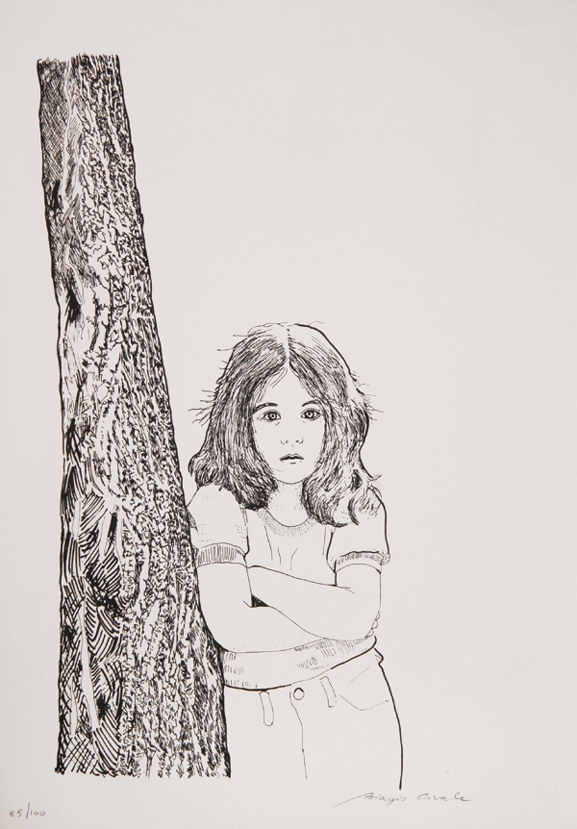 Mädchen, das sich an einen Baum lehnt, moderner Siebdruck von Biagio Civale – Print von Unknown