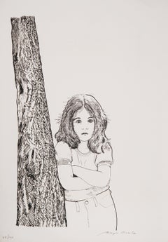 Ragazza appoggiata a un albero, serigrafia moderna di Biagio Civale
