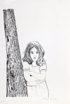 Chica apoyada en un árbol, serigrafía moderna de Biagio Civale