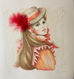 Vintage GIRL WITH RED FEATHER entitled "Mary-Lou" by unknown artist