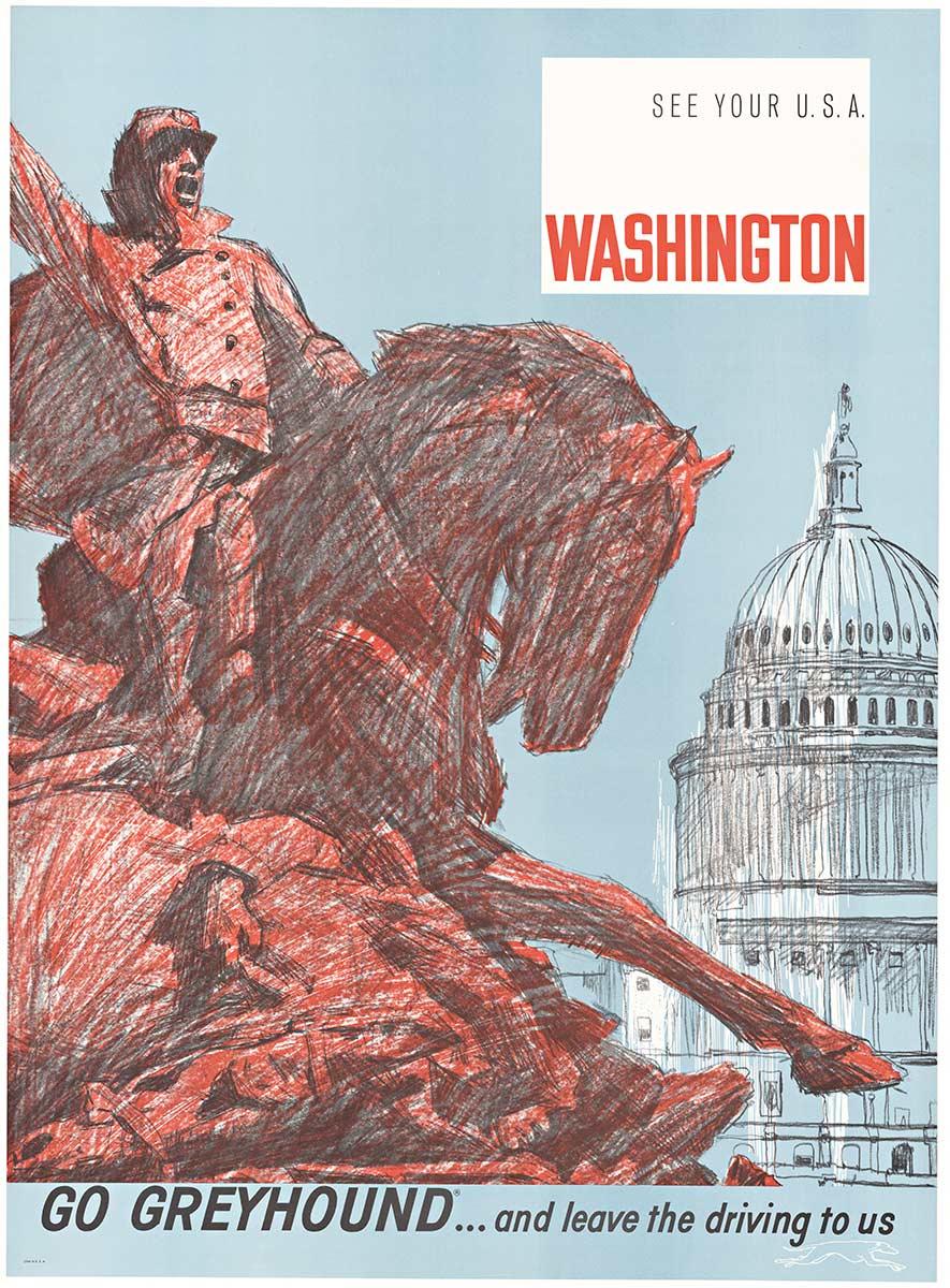 Affiche de voyage originale Go Greyhound de Washington D. C., États-Unis