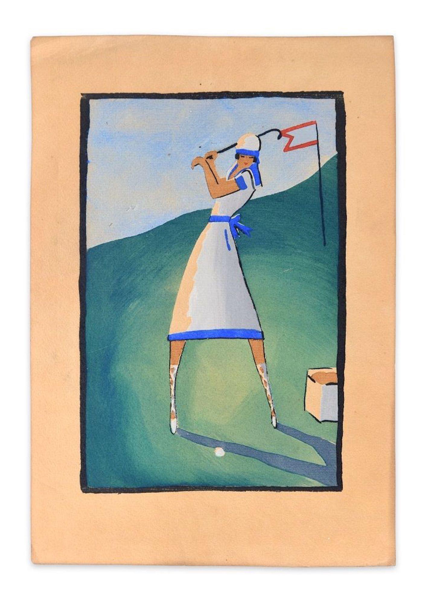Golf Player / Woodcut Hand Colored in Tempera on Paper - Art Deco - 1920s - Print by Unknown