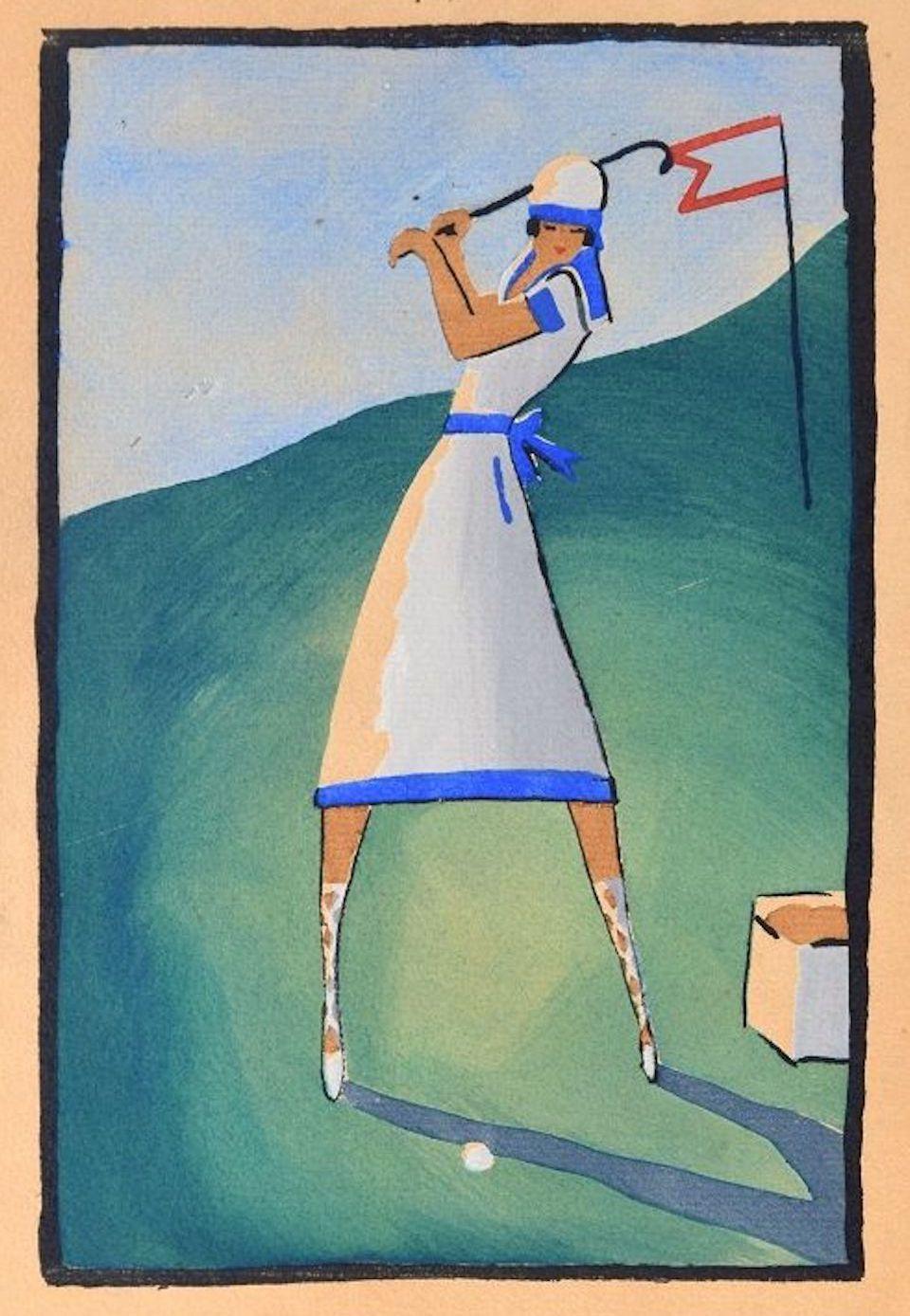 Unknown Figurative Print - Golf Player / Woodcut Hand Colored in Tempera on Paper - Art Deco - 1920s