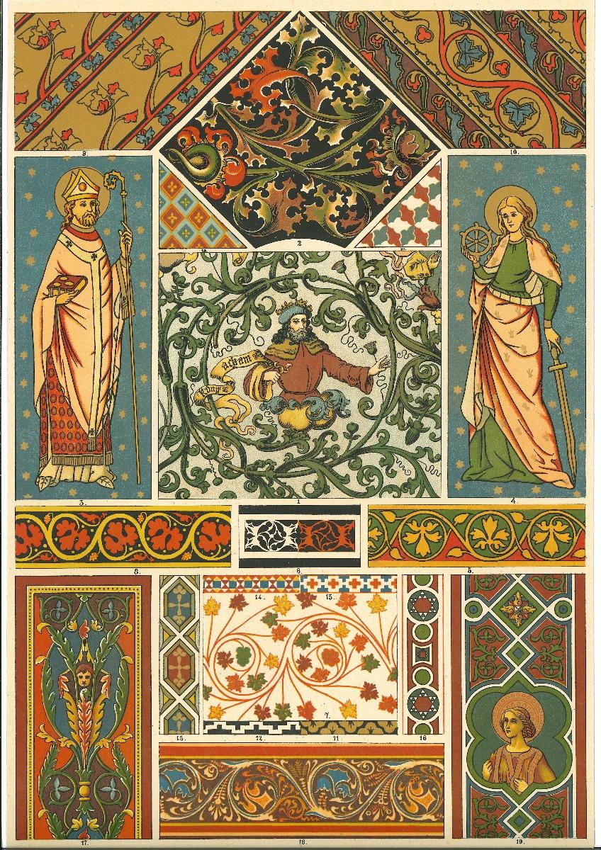 Gothic Decorative Motifs - Vintage Chromolithograph - Early 20th Century