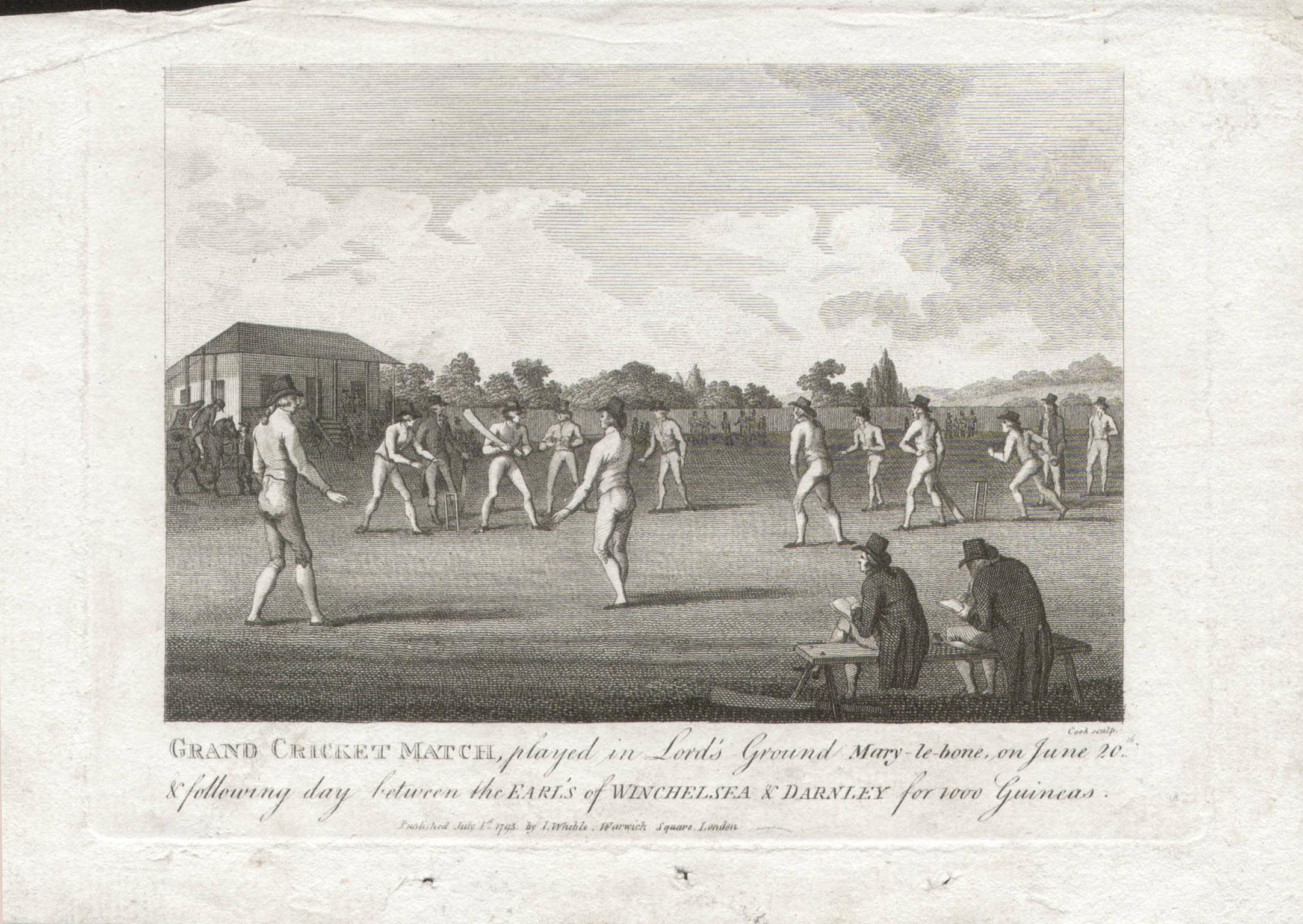 Grande rencontre de criquets sur le terrain de Lord's Ground, gravure de sport, Marylebone, 1793 - Victorien Print par Unknown