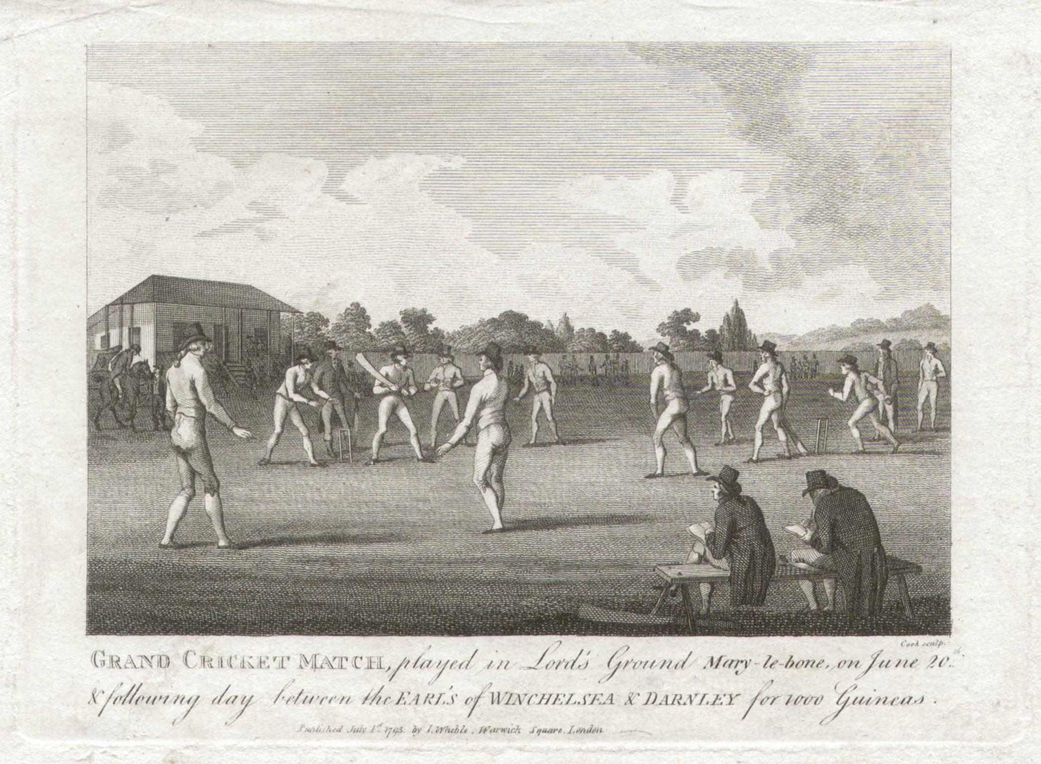 Grande rencontre de criquets sur le terrain de Lord's Ground, gravure de sport, Marylebone, 1793