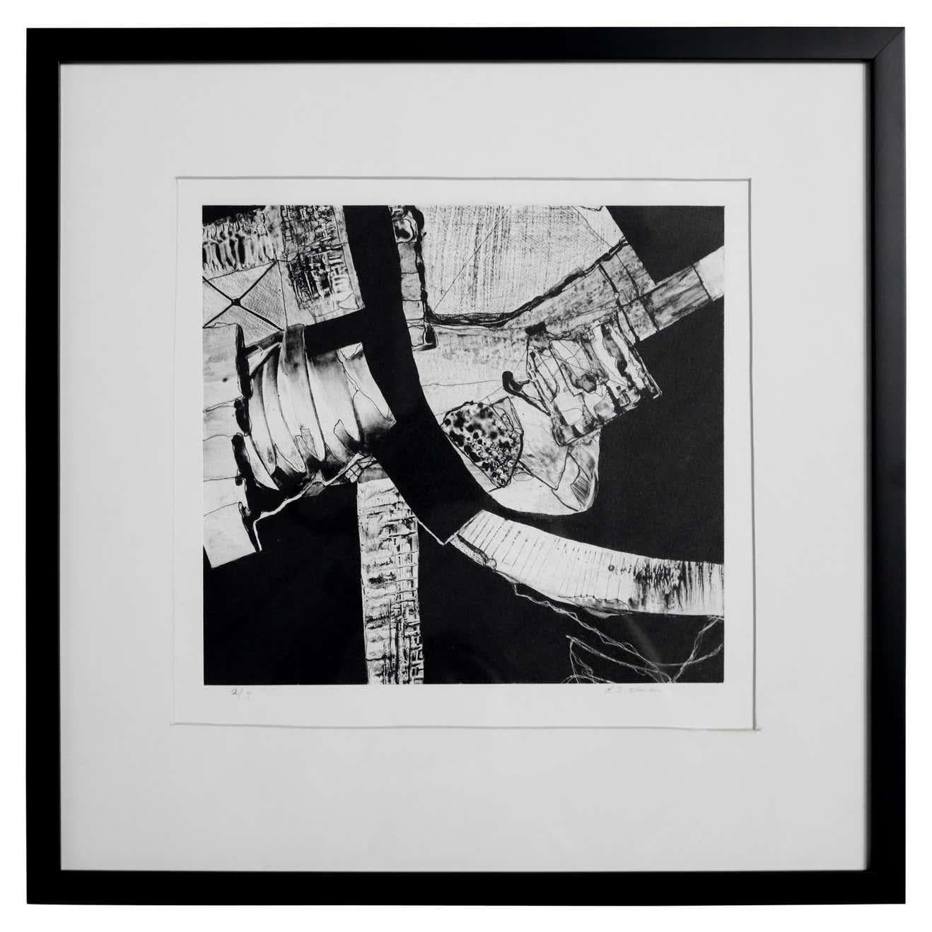 Graphic Abstract Black & White Lithograph Signed L. Siekman - Print by Unknown