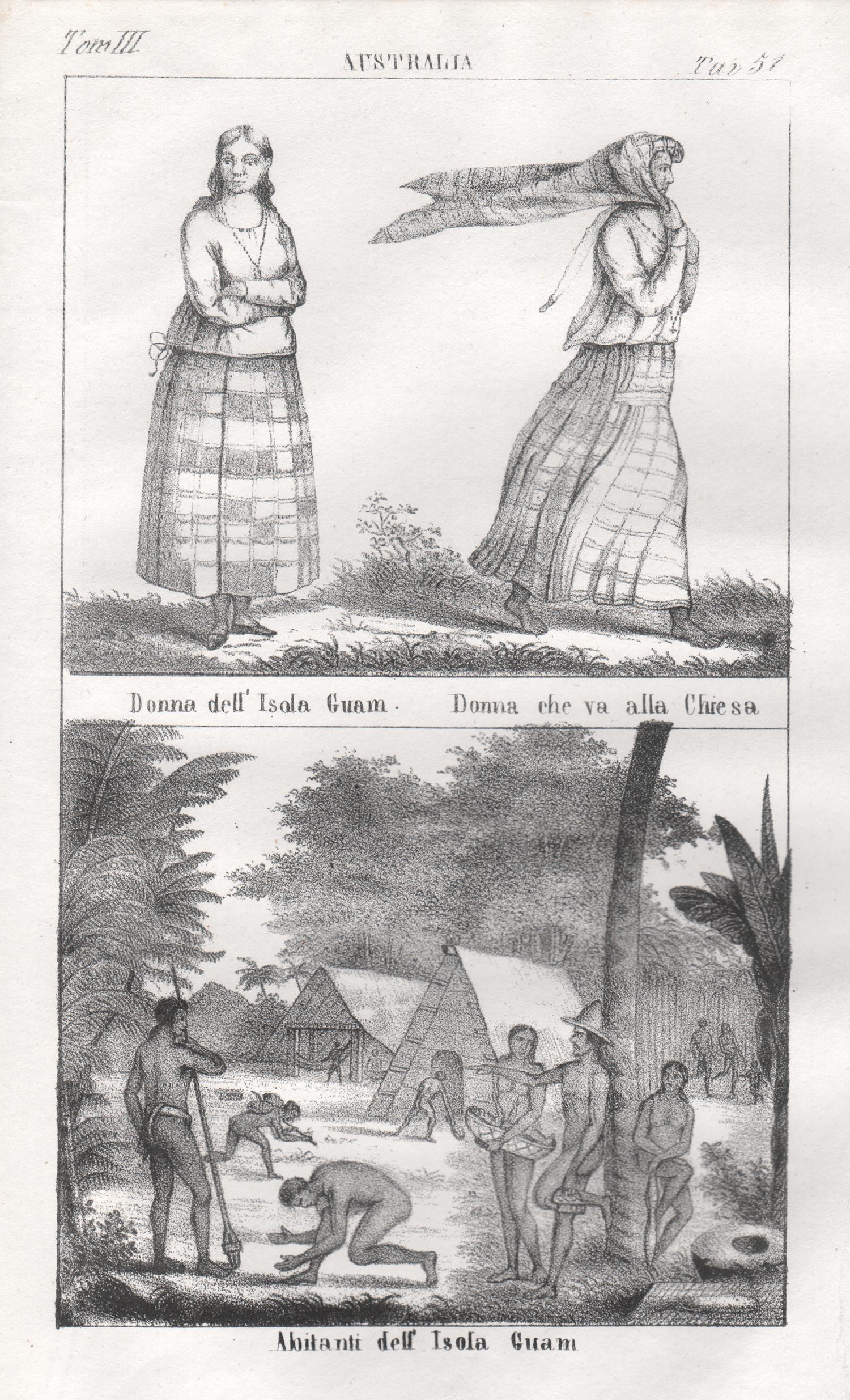 Unknown Figurative Print - Guam, Chamorros native inhabitants, mid 19th century lithograph. Oceania.