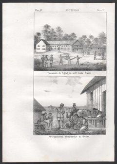 Guam, wohnliche und einheimische Bewohner, Lithographie aus der Mitte des 19. Jahrhunderts. Oceania.