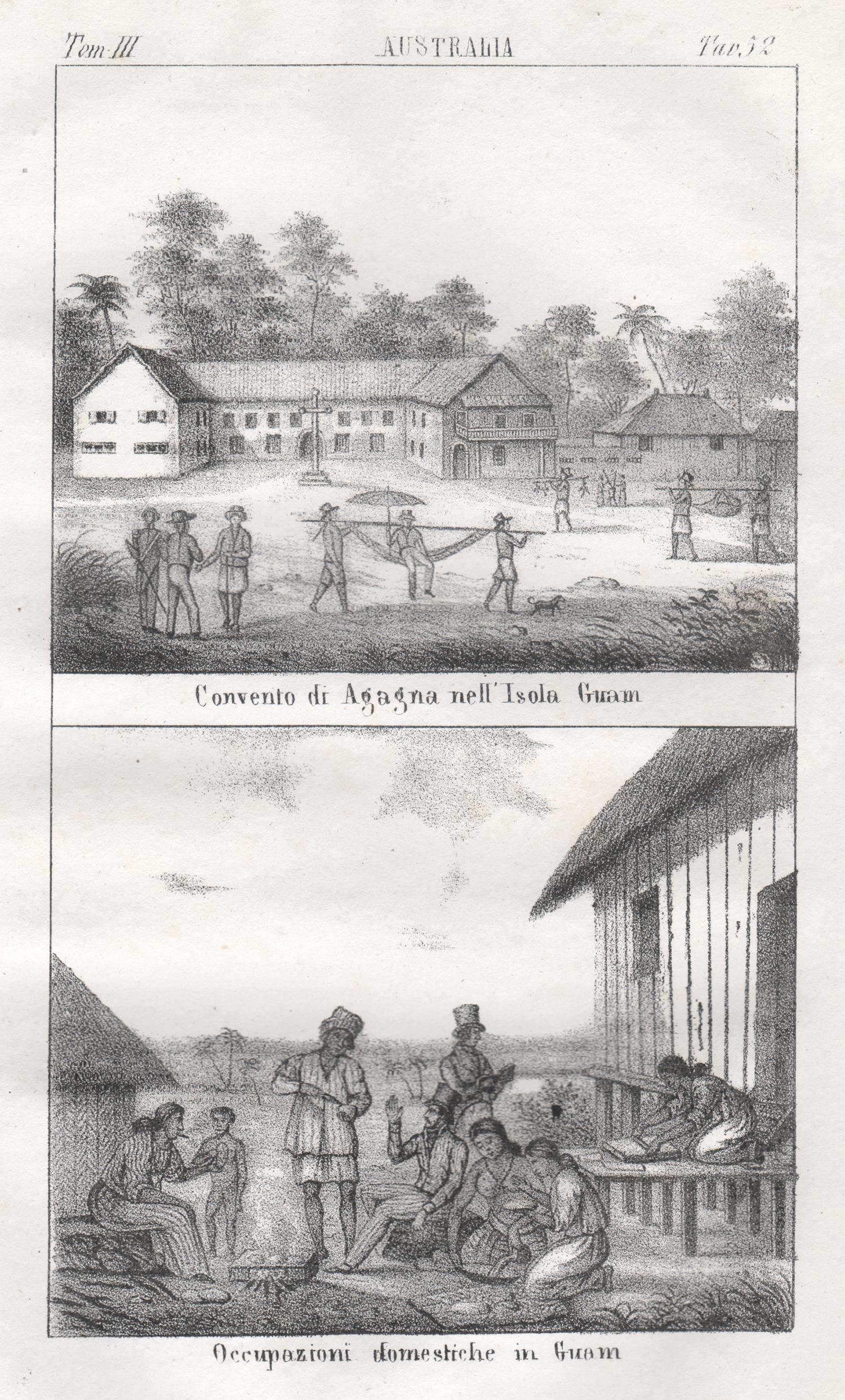 Guam, Convent and native inhabitants, mid 19th century lithograph. Oceania.