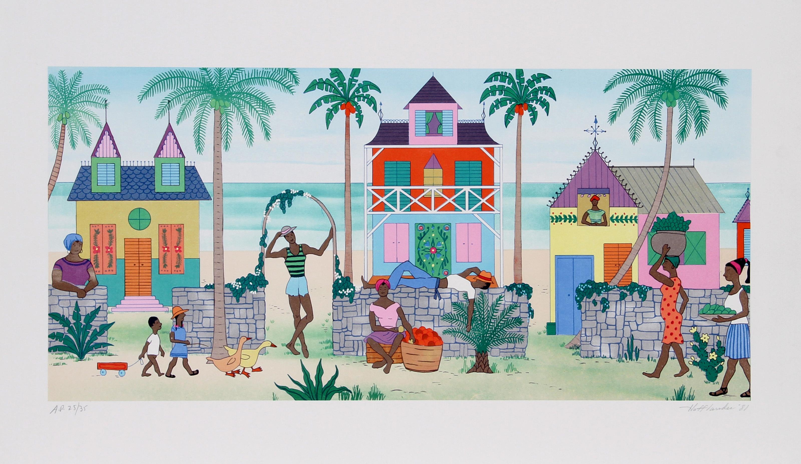 Jack Hofflander, Amerikaner (1920 - 2003) - Haitianisches Dorf, Jahr:  1981, Medium:  Siebdruck, signiert und nummeriert mit Bleistift, Auflage:  250, 30 AP, Größe:  21.5 in. x 27.5 in. (54.61 cm x 69.85 cm), Beschreibung:  In diesem verspielten