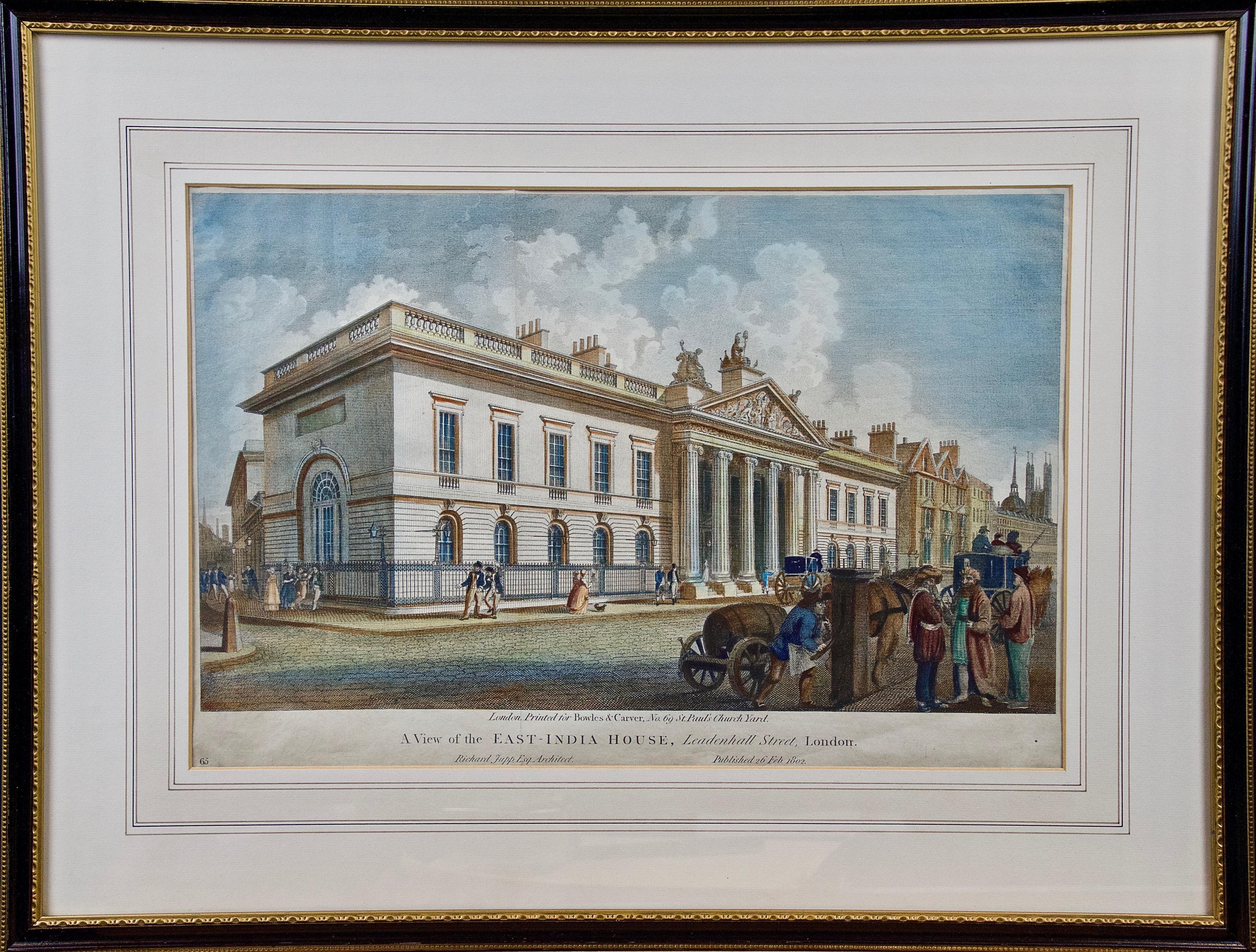 Unknown Landscape Print - Hand Colored Engraving: "View of East India House, Leadenhall Street", London