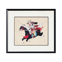 Hand Painted Print on Silk of a Mounted Samurai Warrior on Horseback with Bow