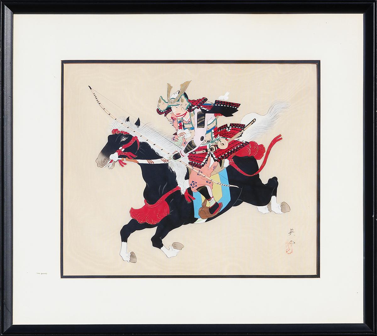 Unknown Animal Print - Hand Painted Print on Silk of a Mounted Samurai Warrior on Horseback with Bow 