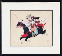 Hand Painted Print on Silk of a Mounted Samurai Warrior on Horseback with Bow 
