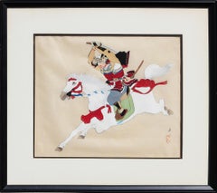 Hand Painted Print on Silk of a Mounted Samurai Warrior on Horseback with Sword