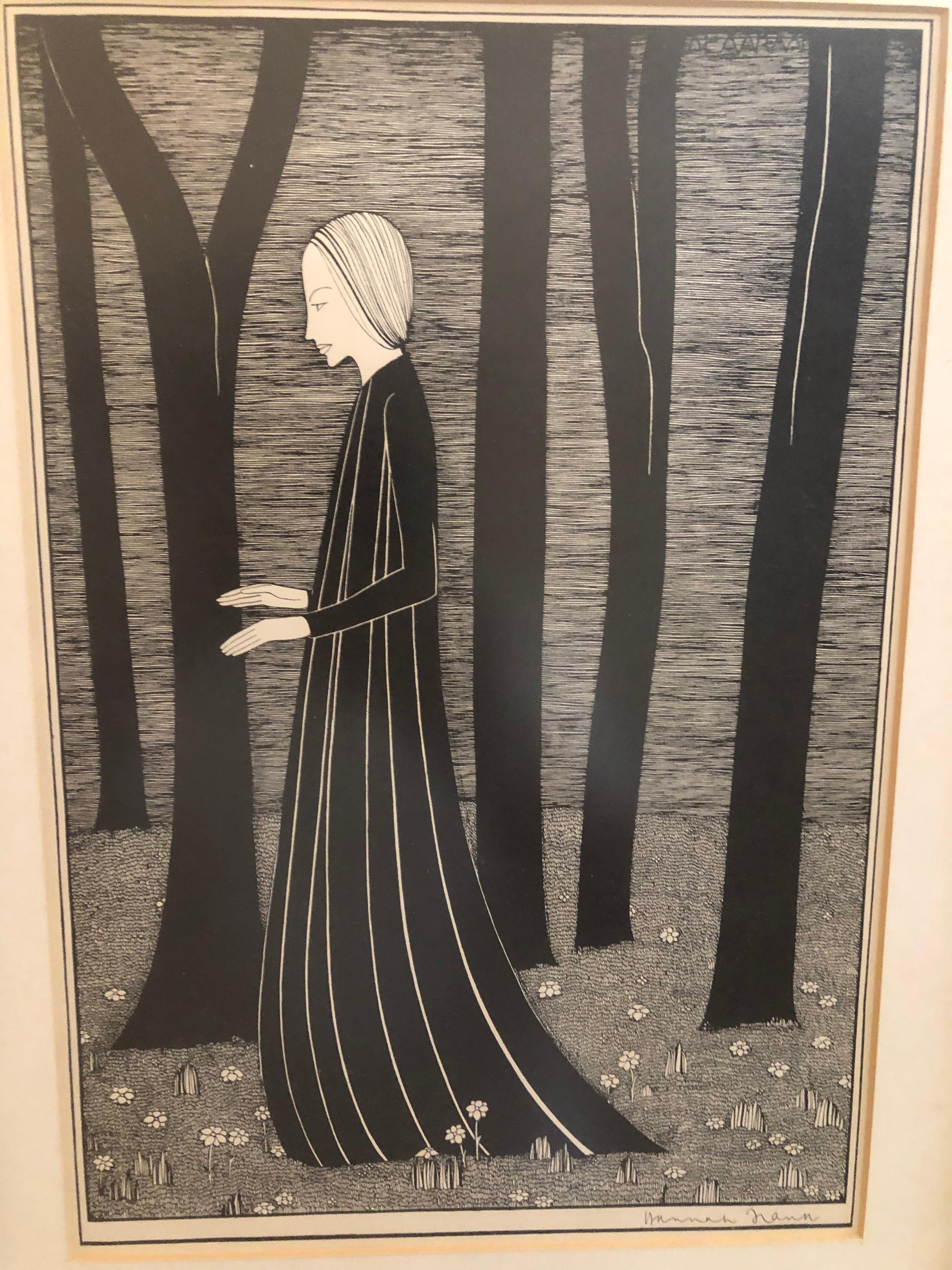 Unknown Figurative Print – Hannah Frank Frau und Bäume