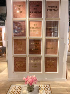 "Happy to Help" Wood Grain Quote, gold mylar, framed