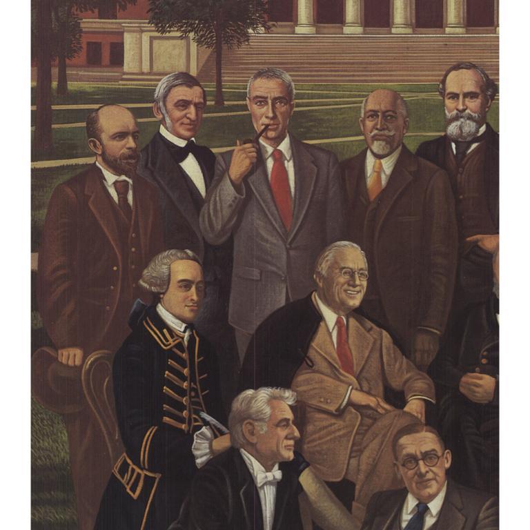 Poster originale d'epoca disegnato dalla famosa illustratrice americana Teresa Fasolino per la celebrazione del 350° anniversario dell'Università di Harvard nel 1986. Fasolino, nota per le sue illustrazioni altamente dettagliate, ricche di texture e
