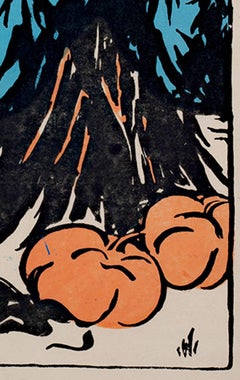 "Casa del raccolto - Poesia di Henry Alford", poster litografico a colori con zucche e fieno