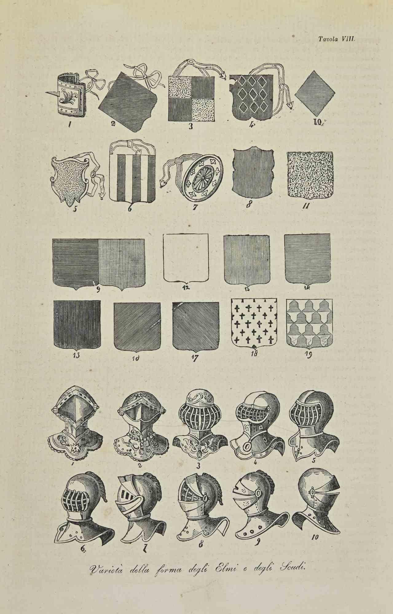 Figurative Print Unknown - Casques et boucliers - Lithographie - 1862