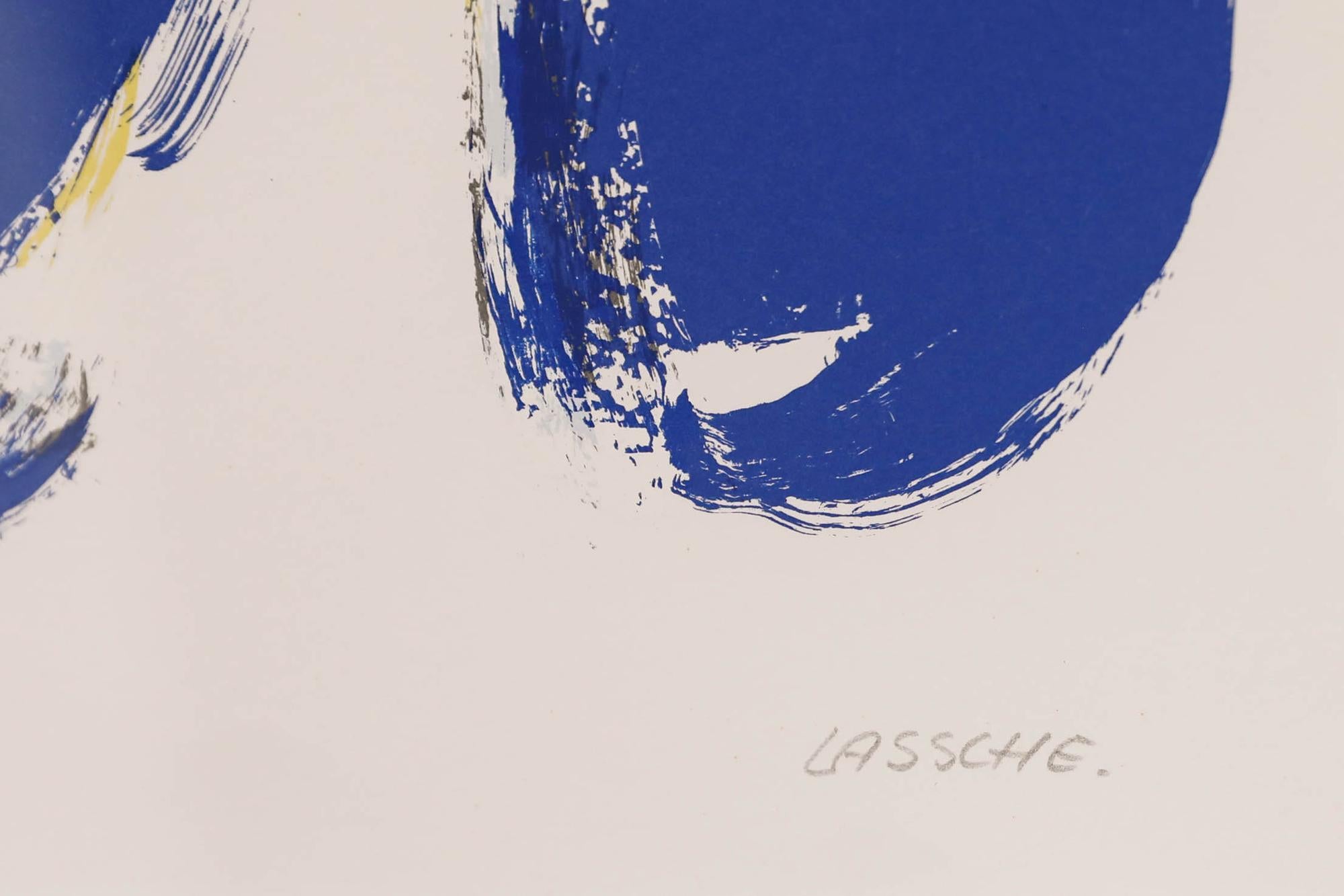 A limited edition screen print by Dutch artist Henk Lassche. Modernist composition in cobalt blue and golden yellow. Signed in pencil to the lower margin. Numbered 15/150. Mounted in a contemporary chrome frame. On paper. Image size: 45 x 61.5cm.