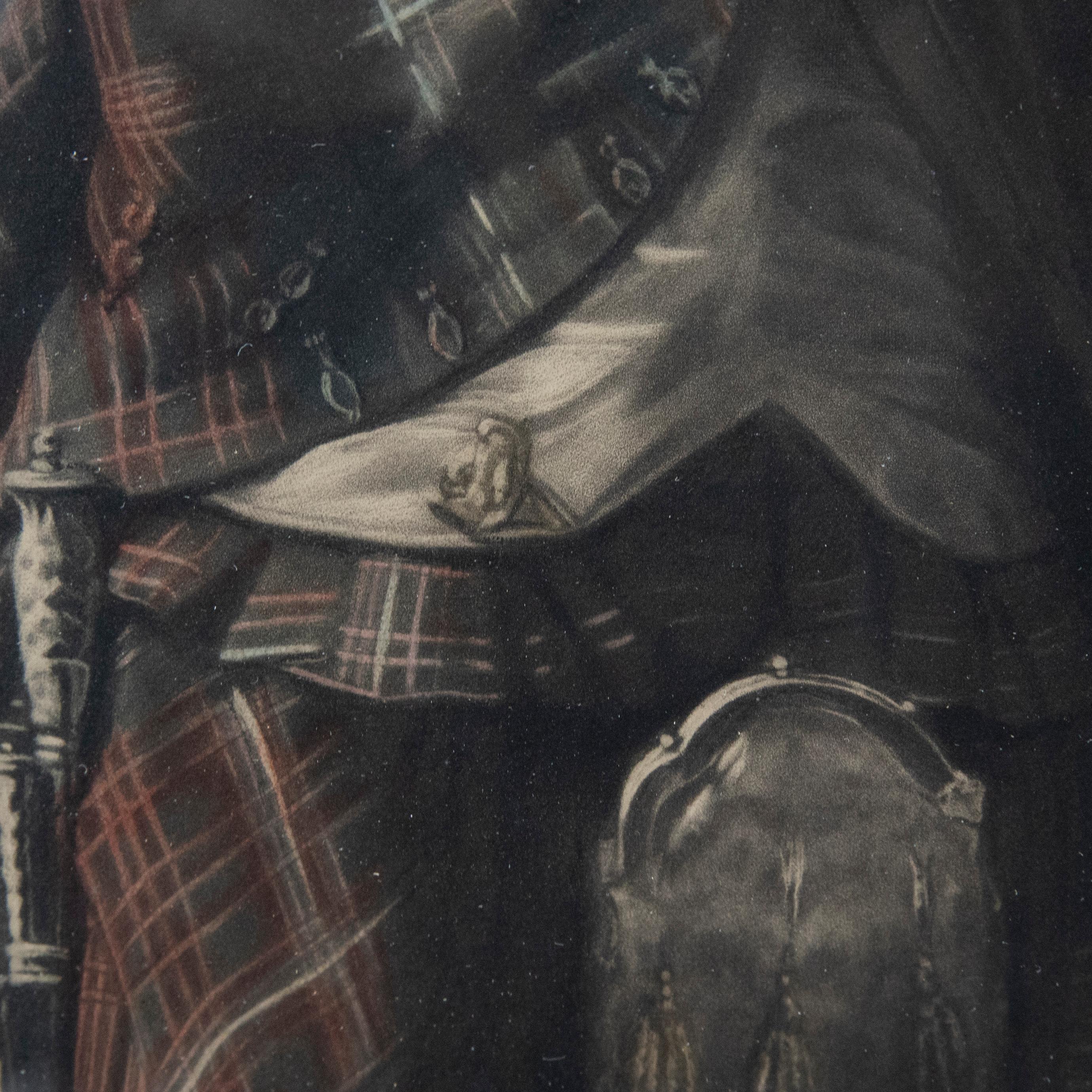 A striking early 20th Century mezzotint, with À la poupée colouring, showing Colonel Alistair Randaldson MacDonell of Glengarry (1771-1828). The Clan Chief stands in a hall interior, wearing full Highland Dress with flintlock rifle. The publisher's
