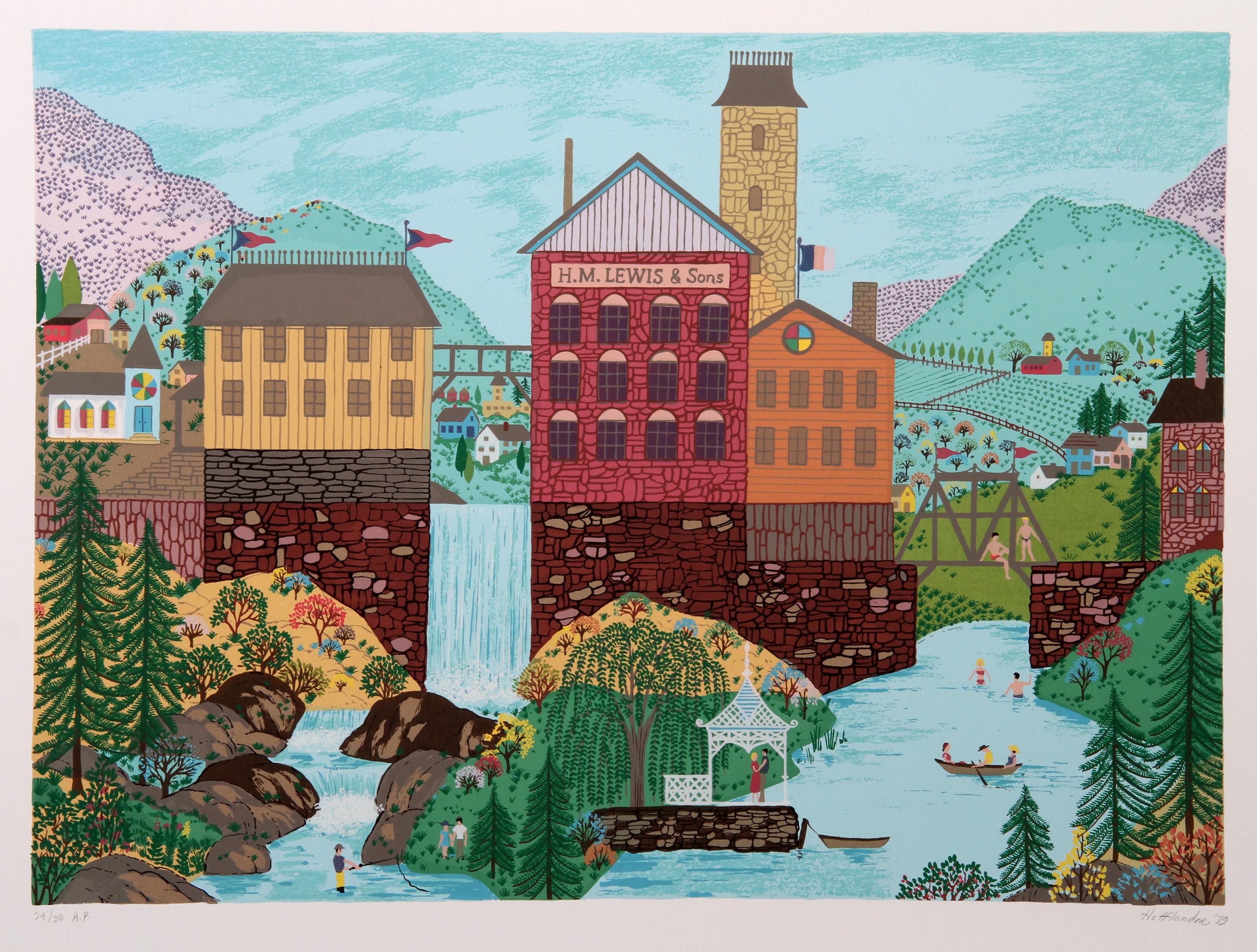 Jack Hofflander, estadounidense (1920 - 2003) - Edificio HM Lewis, Año:  1979, Medio:  Serigrafía, firmada a lápiz, Edición:  AP 30, Tamaño de la imagen:  22 x 30 pulgadas, Tamaño:  66,04 cm x 83,82 cm, Descripción:  En la idílica representación de