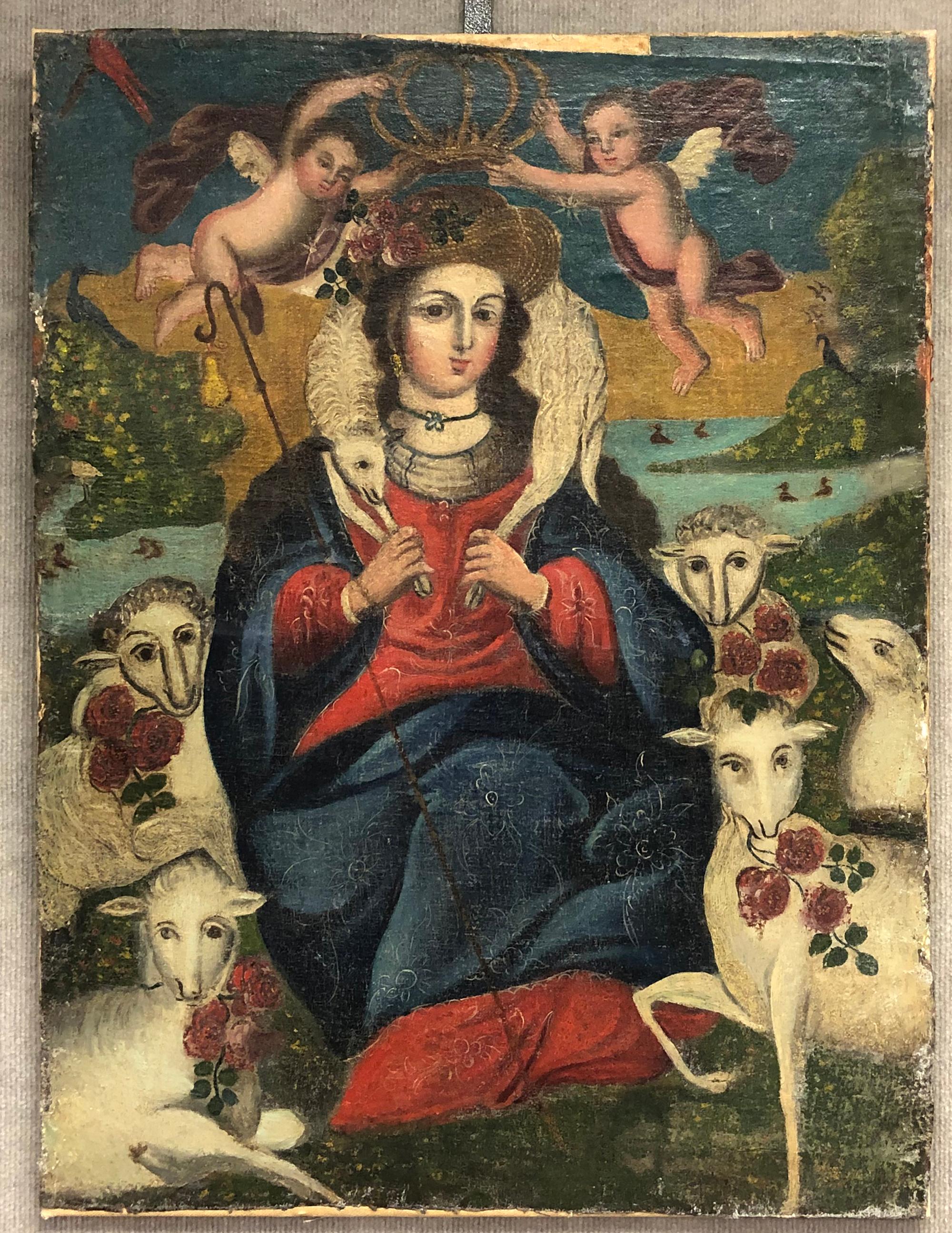 Holy Crowning 30.25" x 23" Painting Red, White, Yellow, Brown, Blue, Pink - Print by Unknown