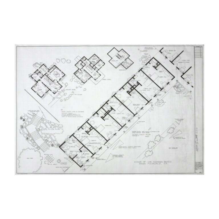 Home of: Mr. Norman Bates (near) Fairvale, CA, 2016

Additional information:
Medium: Ink and pencil on graph vellum
Dimensions: 30 × 32 in (76.2 × 81.3 cm)

Mark Bennett's (b. 1956, Tennessee) whimsical works engage with pop culture and celebrity to