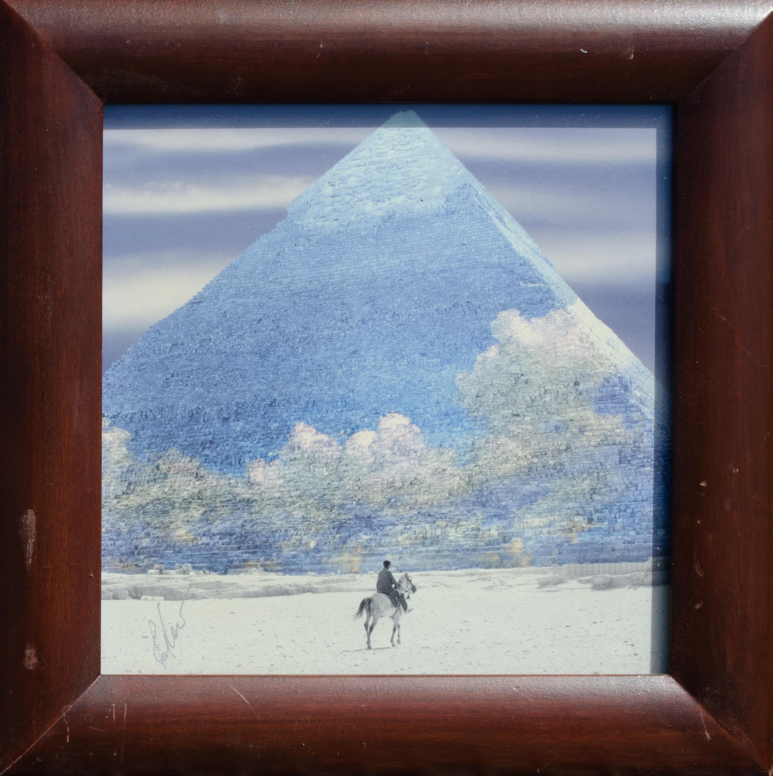 Horseback Rider at the Great Pyramid of Giza, Surrealist Print - Blue Landscape Print by Unknown