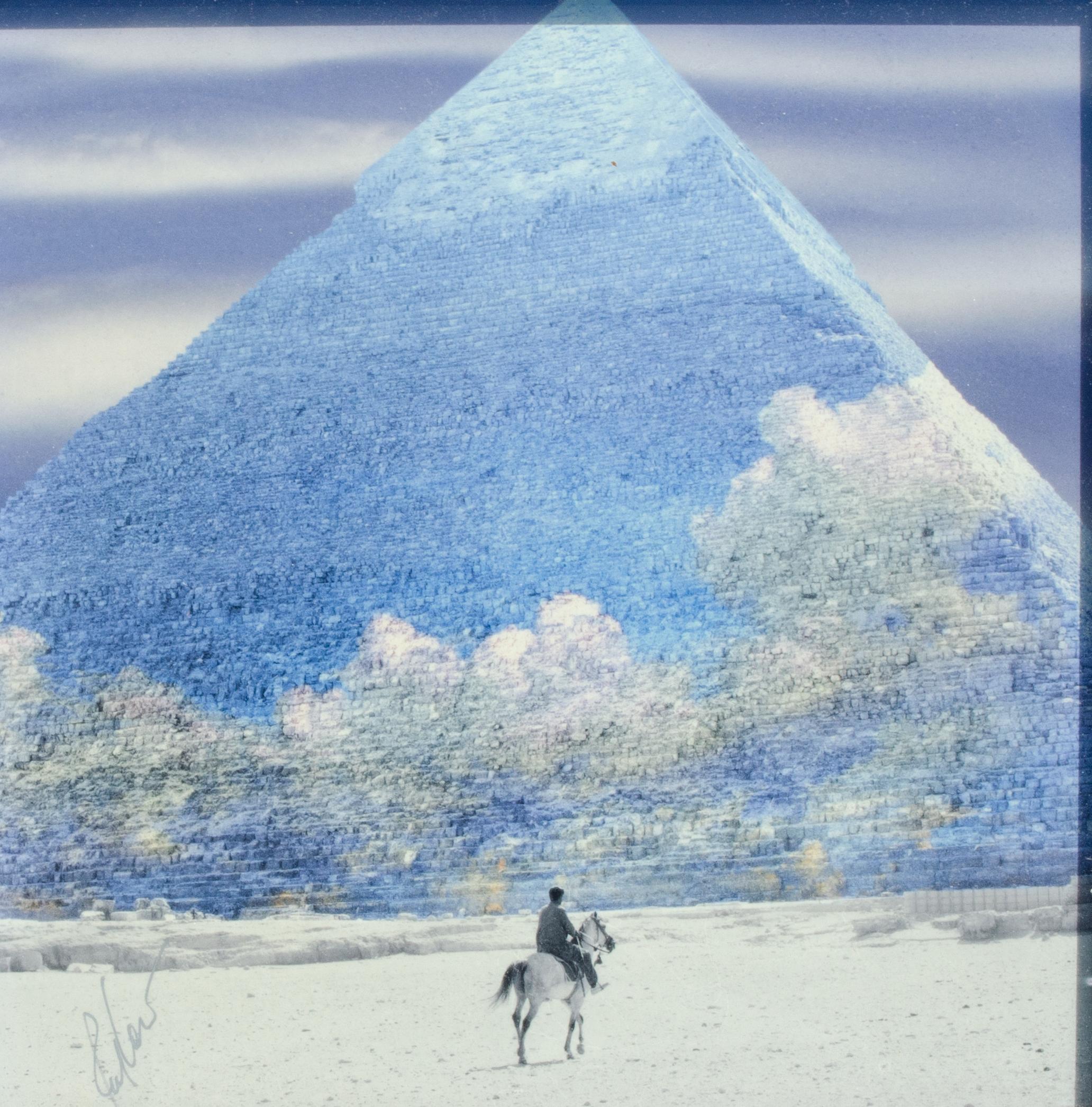 Unknown Landscape Print - Horseback Rider at the Great Pyramid of Giza, Surrealist Print