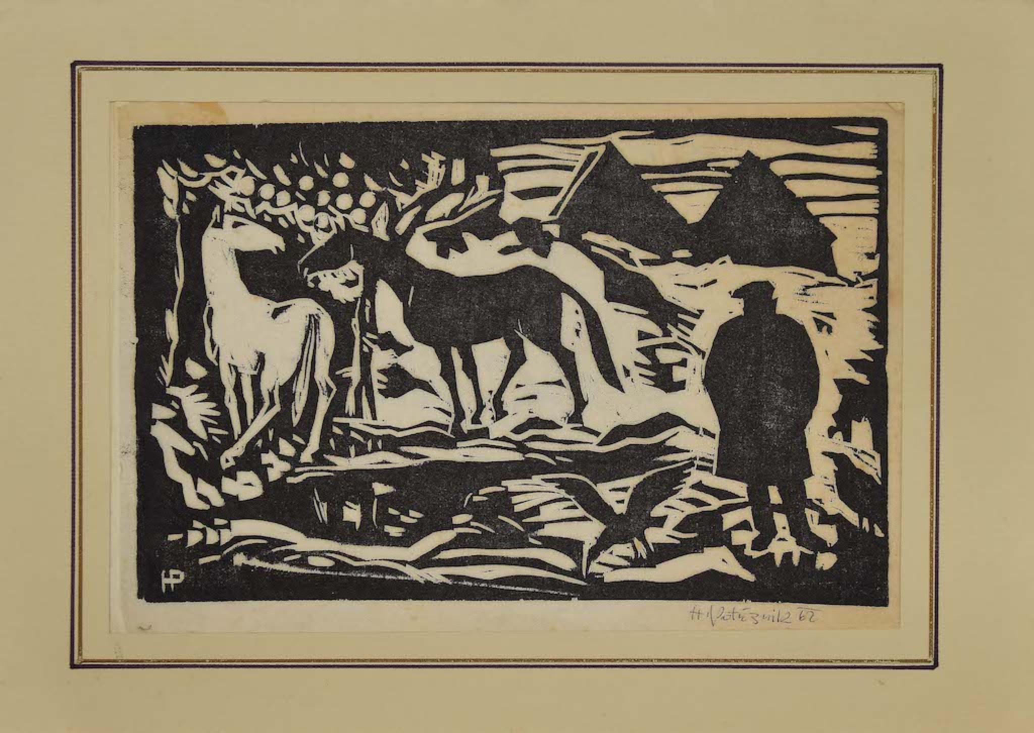 Horses - Original Woodcut Print - 1962