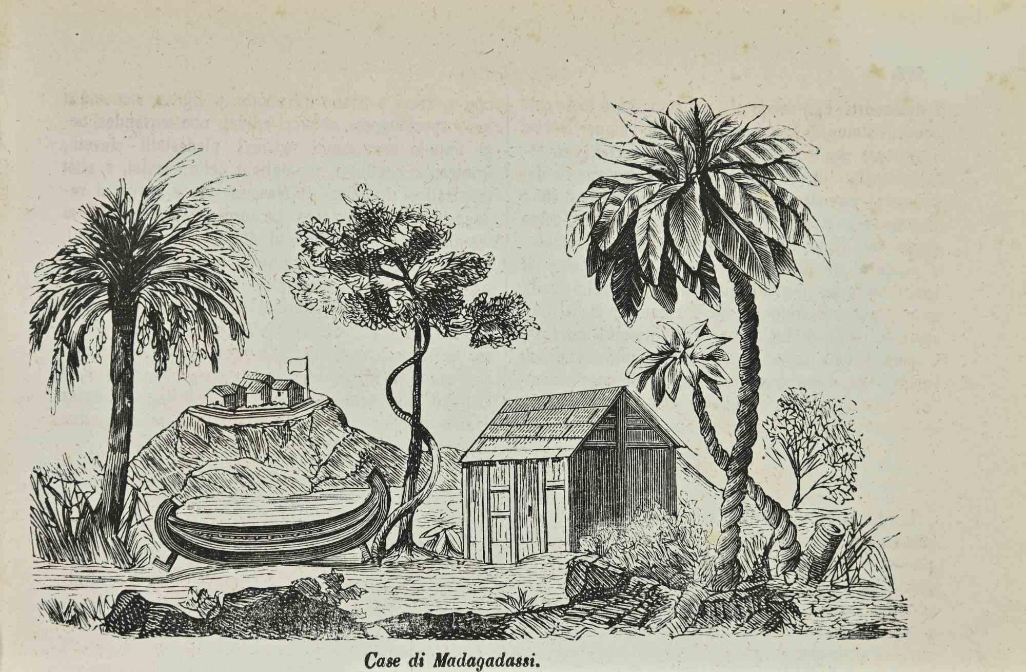 Unknown Figurative Print – Houses of Madagadassi – Lithographie – 1862