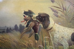 "Hunting Dog w/ Waterfowl" Chromolithograph In Faux Bois Frame