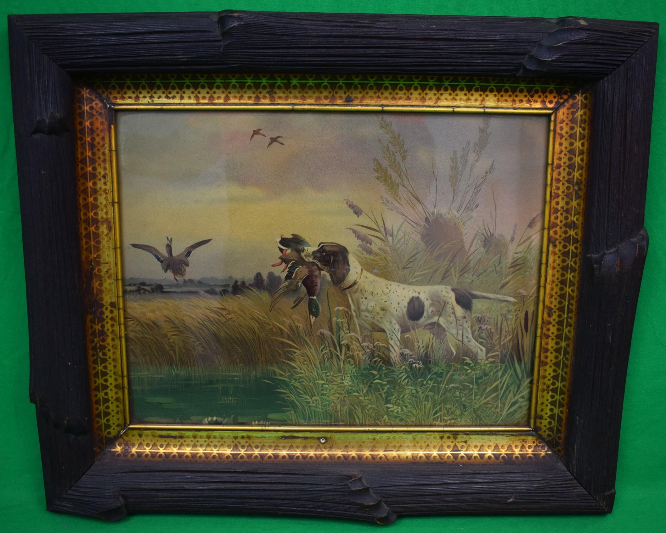 "Hunting Dog w/ Waterfowl" Chromolithograph In Faux Bois Frame - Print by Unknown